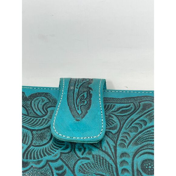 Western Hand Tooled Sustainable Leather Turquoise Teal Blue Green Long Wallet - Picture 6 of 8